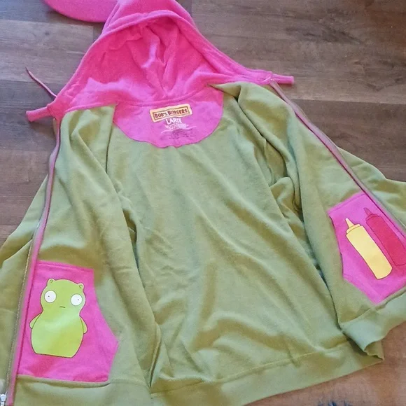 NWT Toddland Bobs Burgers Louise Green Hoodie with Pink Bunny Ears LARGE